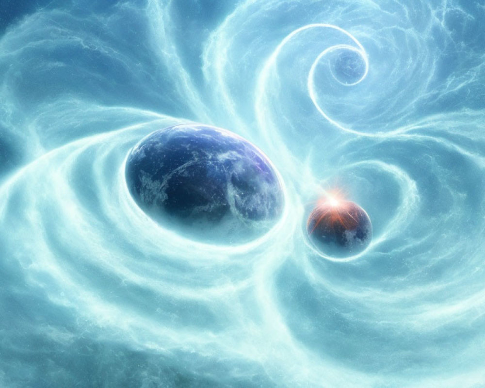 Celestial scene featuring two planets in swirling blue and white galaxy.