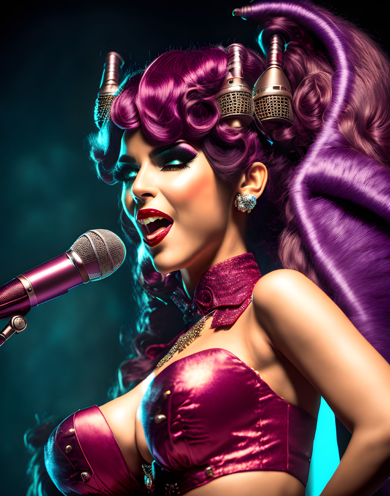 Purple-haired female singer winks with retro microphone and horns on teal backdrop