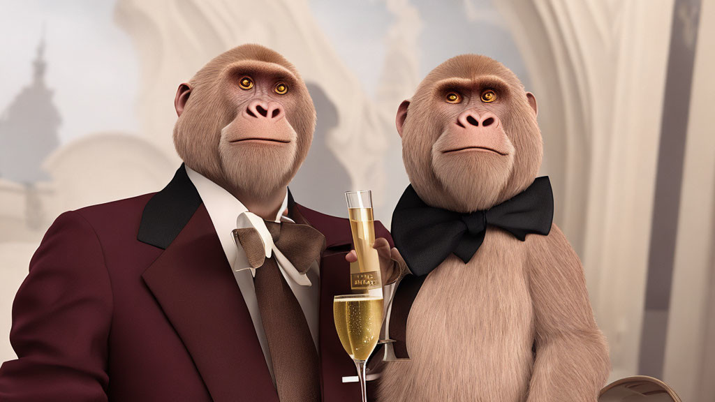 Animated baboons in formal attire with champagne in elegant setting