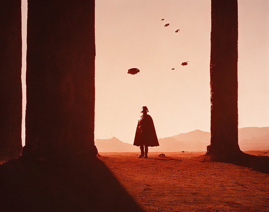 Silhouette of person between tall pillars with red sky and flying objects