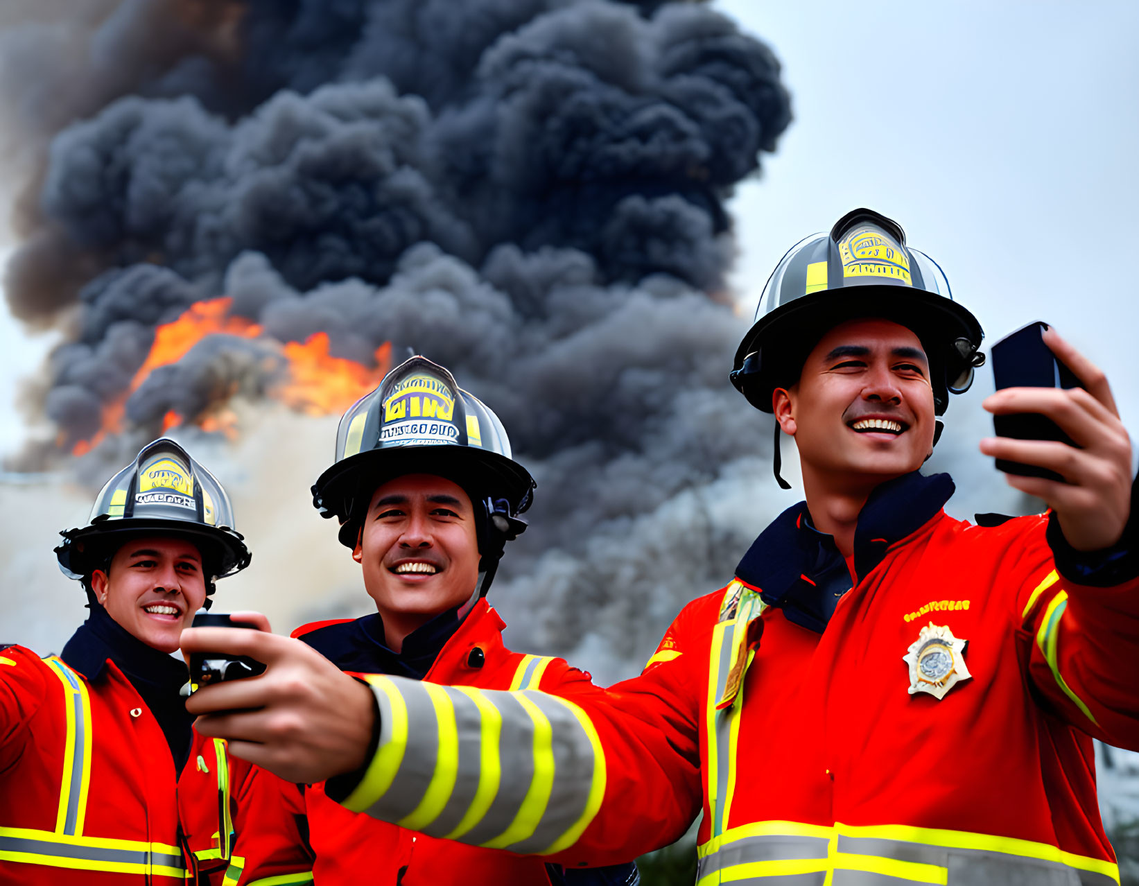 Three firefighters with helmets taking a selfie in front of a large fire and smoke