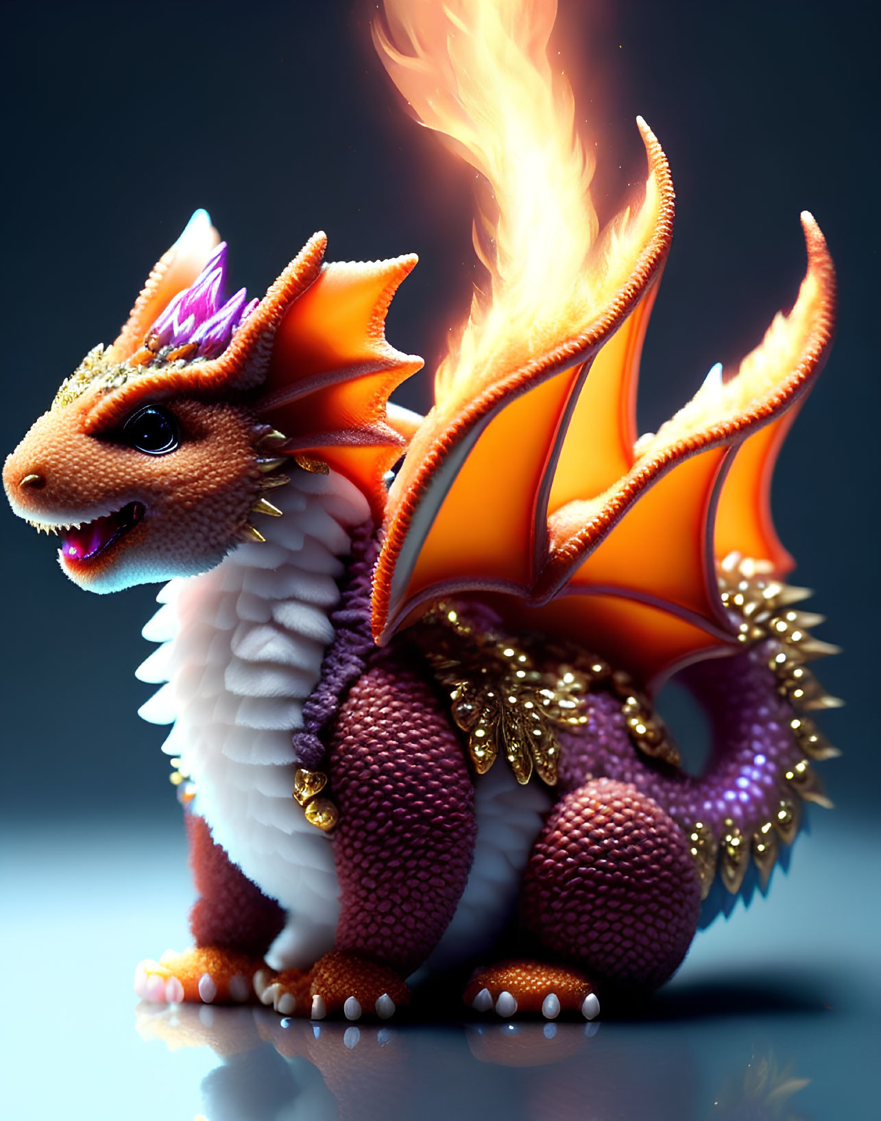 Colorful Dragon Figurine with Orange Flames on Cool Background
