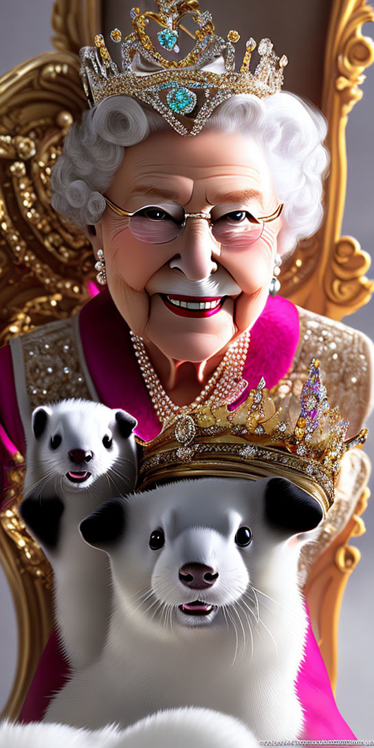 Smiling queen with crown and jewels, accompanied by cheerful ferrets