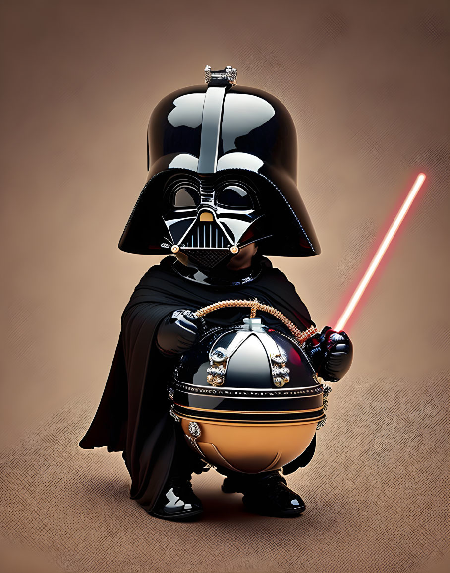 Small Round Figure in Darth Vader Costume with Lightsaber and Reflective Egg-shaped Body