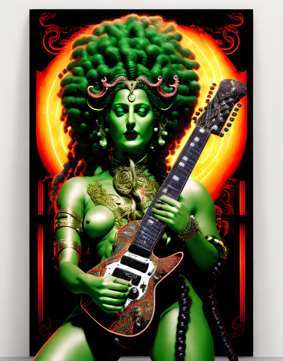 Vivid illustration of green-skinned female playing guitar in fiery setting