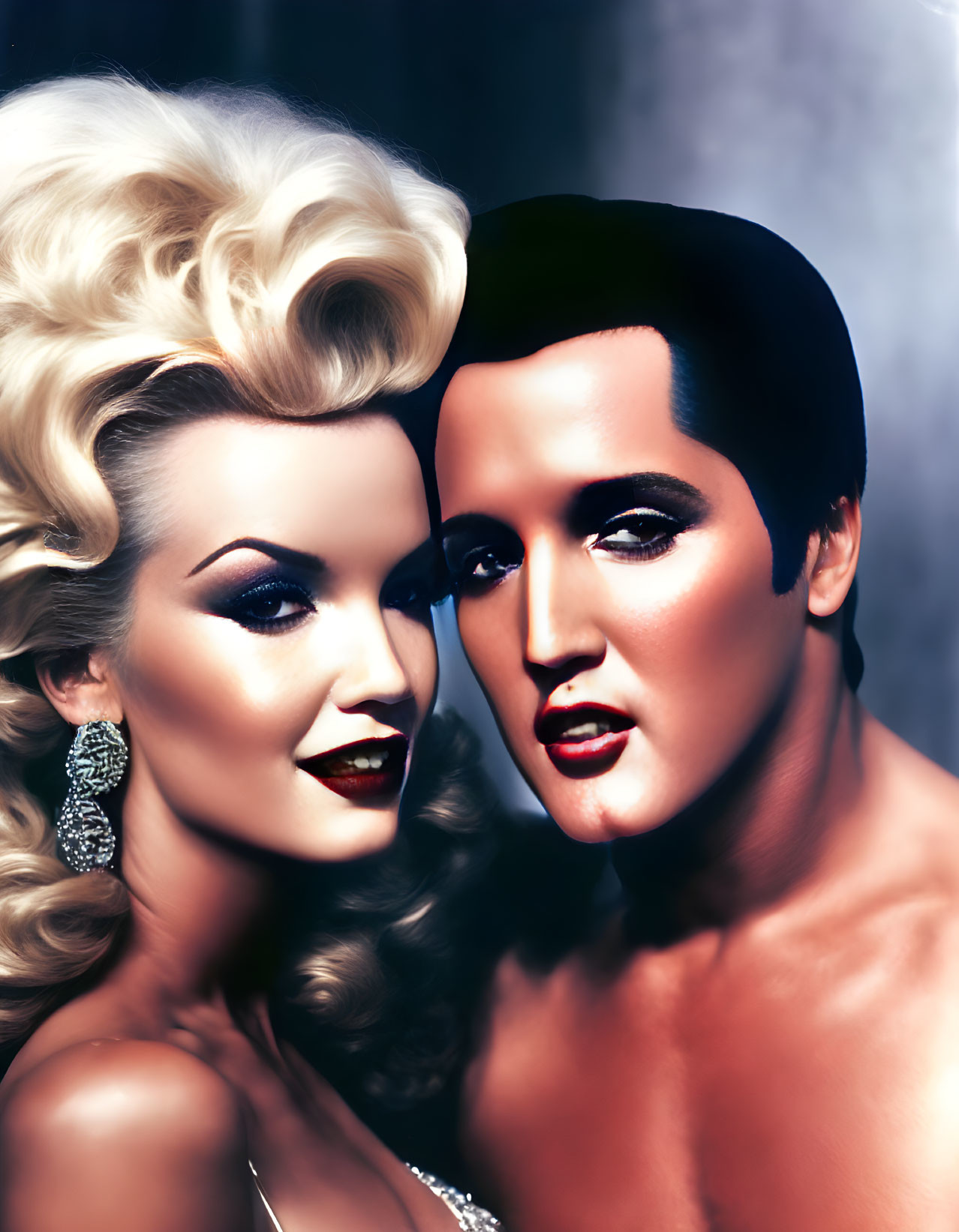 Vintage-style portrait of glamorous woman and Elvis Presley lookalike with classic Hollywood aesthetic