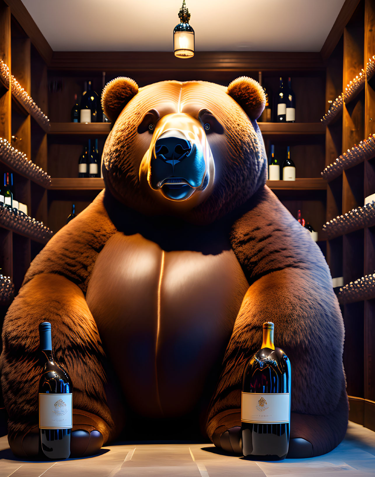 Plush Bear in Wine Cellar Surrounded by Bottles