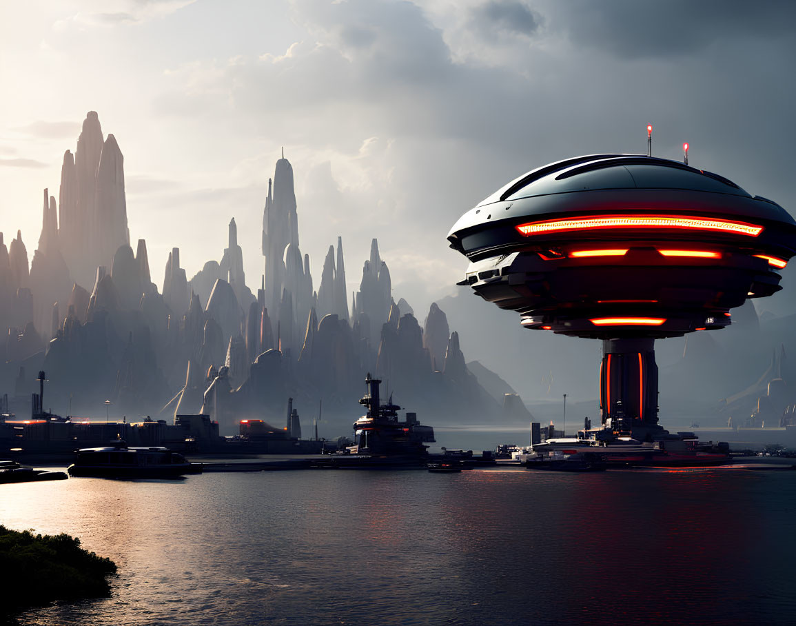Futuristic spaceship over coastal city at dusk