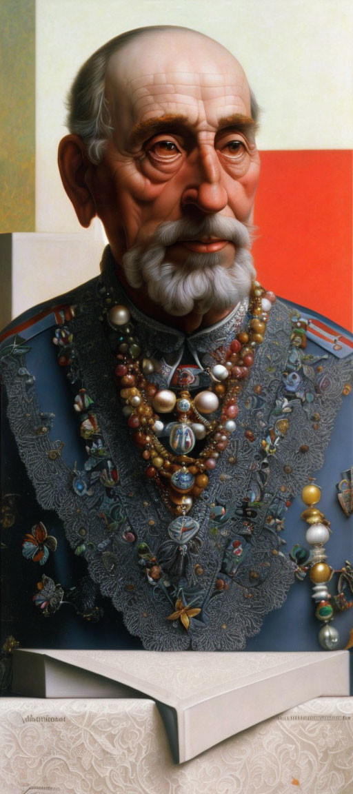 Hyper-realistic portrait of senior military officer with medals on tricolor background.