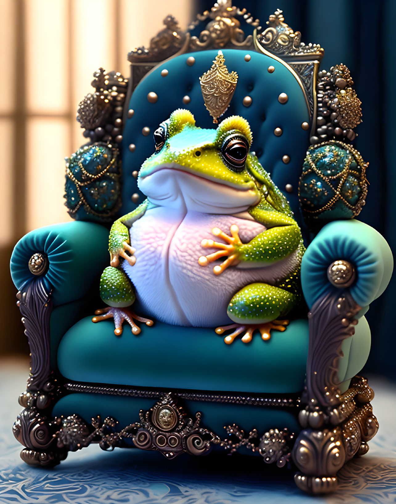 Regal frog with crown on ornate jewel-adorned throne