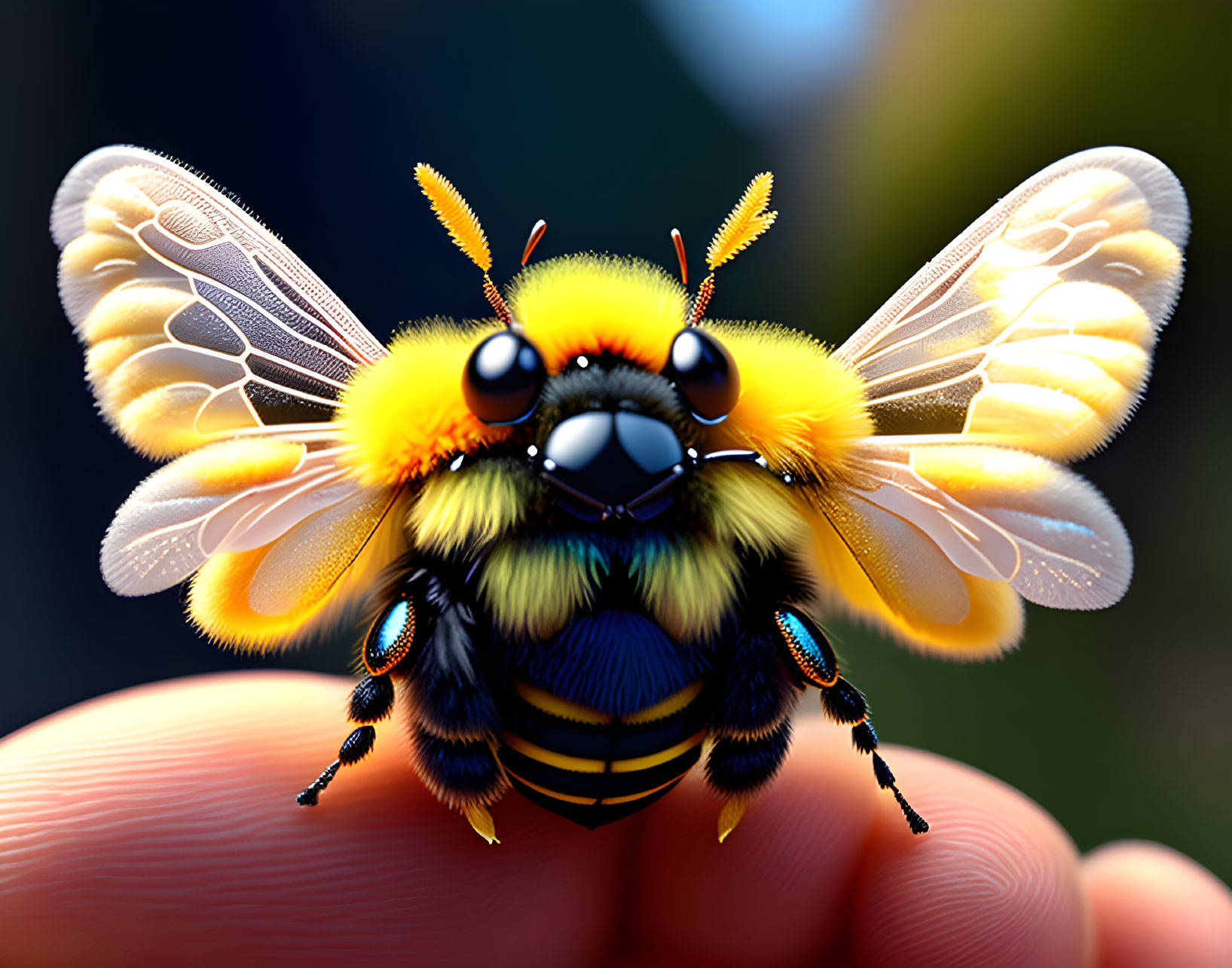 Detailed Close-Up Illustration of Bumblebee on Fingertip