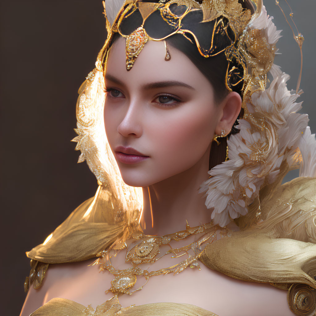 Pale-skinned woman with dark hair in gold headdress, feathers, shoulder armor, and jewelry.