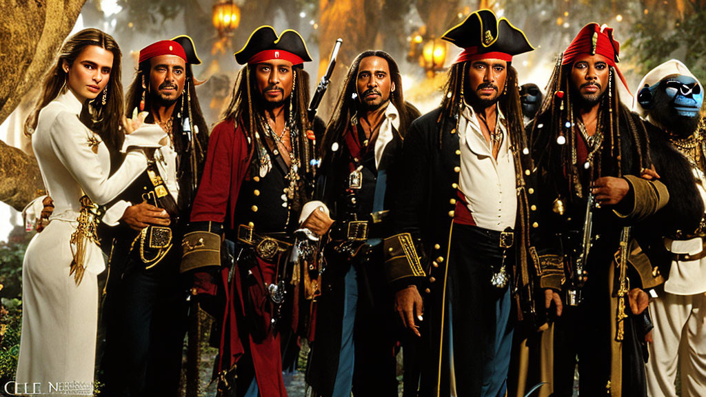 Seven individuals in pirate costumes pose in mystical forest setting
