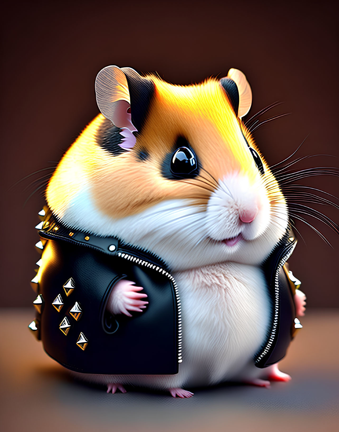Cartoon hamster in spiked leather jacket on dark background