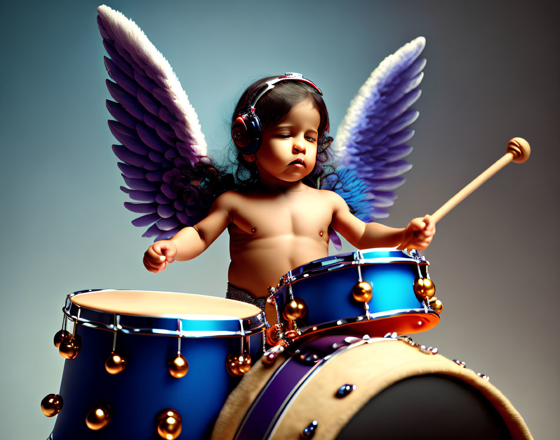 Toddler with angel wings playing drum set on blue background