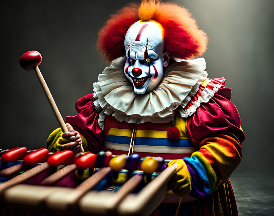 Colorful makeup clown with mallet on xylophone creates eerie atmosphere