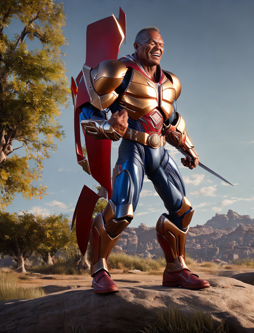 Muscular superhero in red cape and golden armor wields sword on rocky terrain