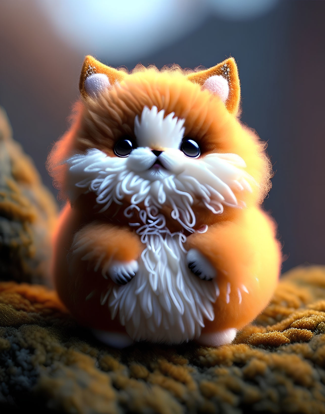 Fluffy Orange and White Fantasy Kitten with Blue Eyes on Mossy Surface