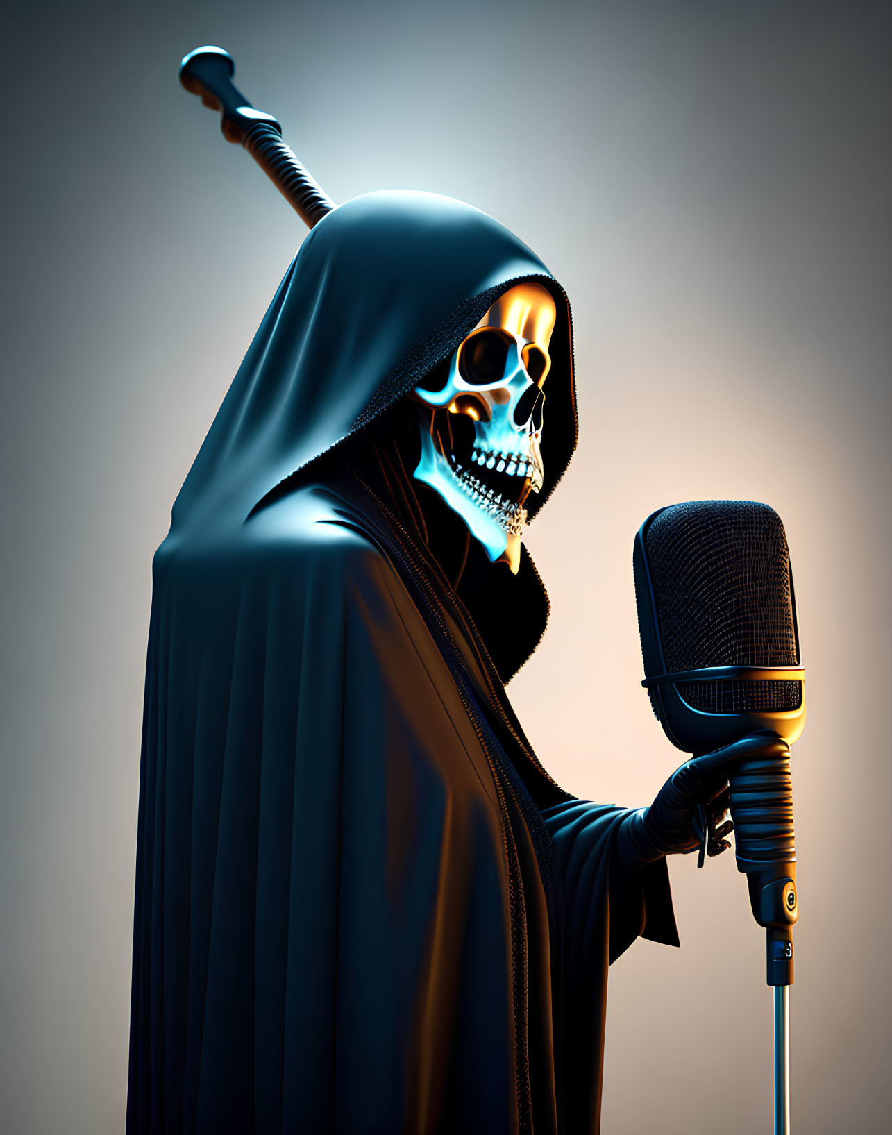 Skeleton in Hooded Cloak Holding Glowing Microphone