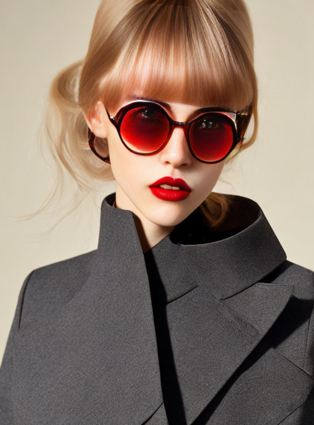 Fashionable woman in red sunglasses and lipstick with blonde hair, posing in gray jacket on beige background