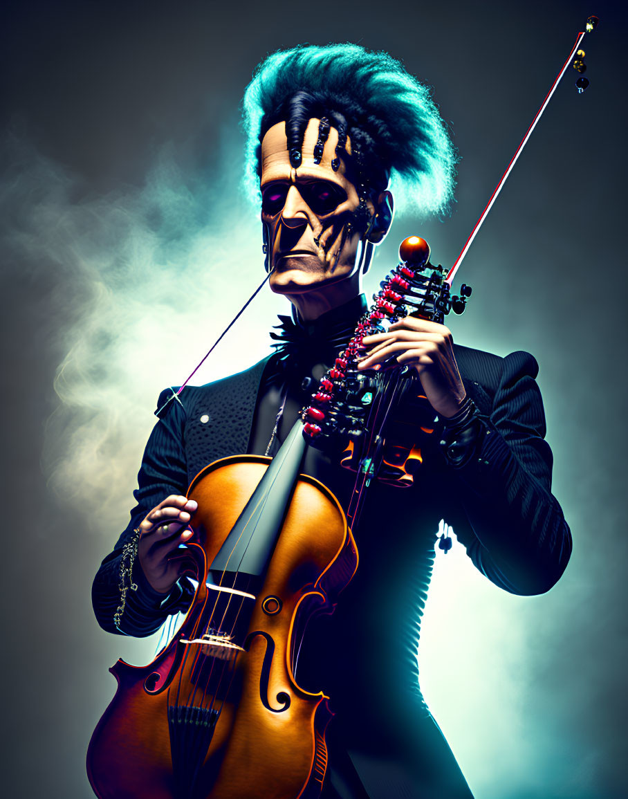 Colorful Punk Hairstyle Character Playing Violin with Exaggerated Features