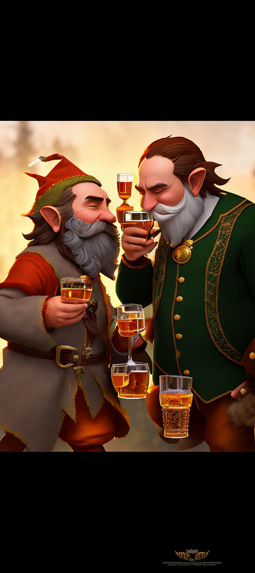 Animated elves toast with glasses in warm, sunset setting