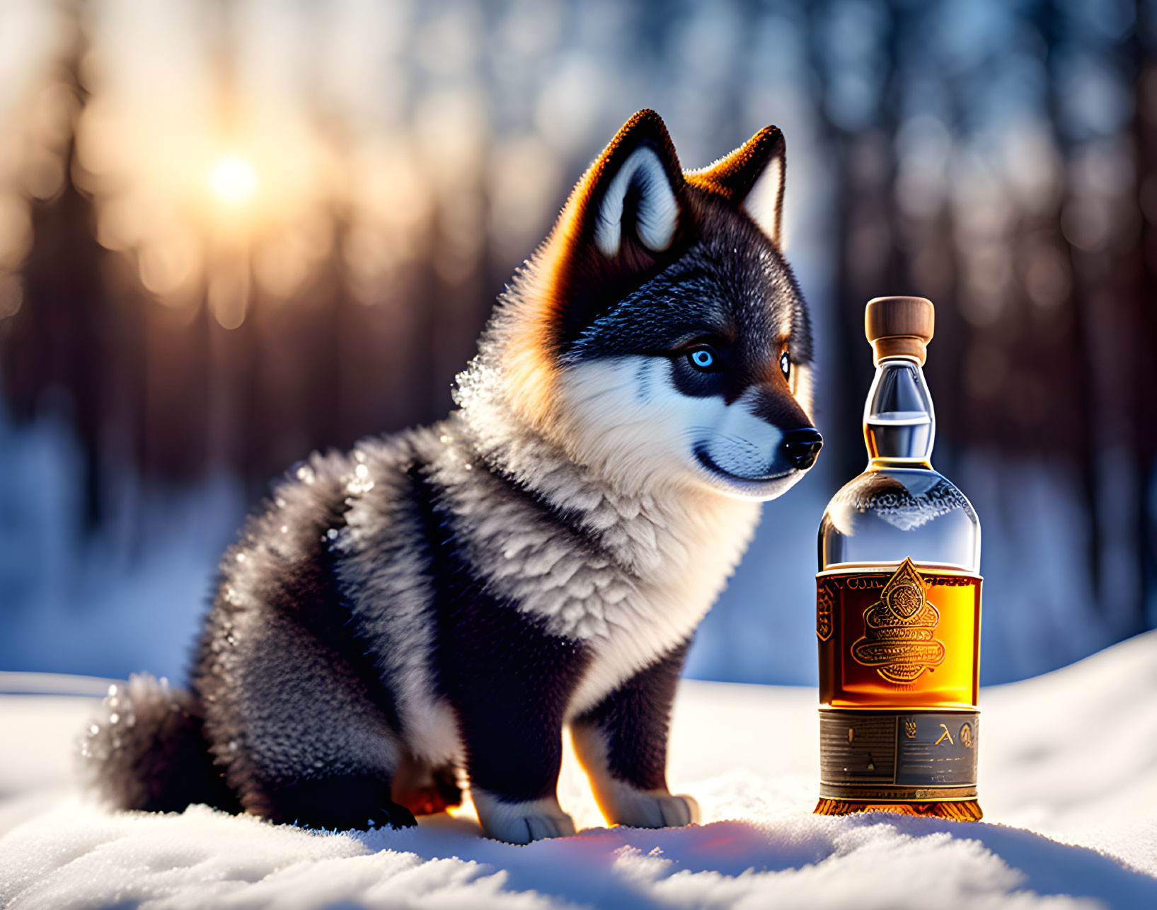 Plush Husky Puppy Toy with Bottle in Snow at Sunset