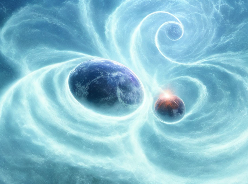 Celestial scene featuring two planets in swirling blue and white galaxy.