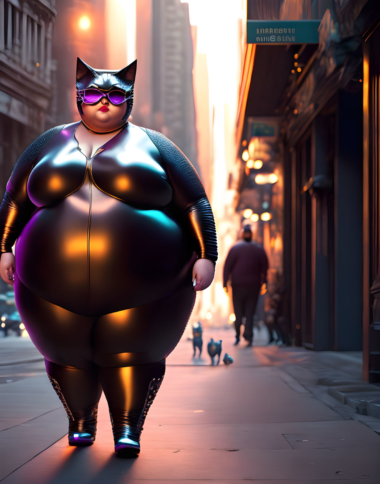 Stylized image of plus-size woman in shiny cat costume on city street