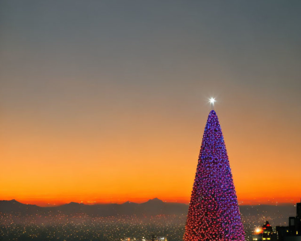 Illuminated Christmas tree in twilight cityscape.