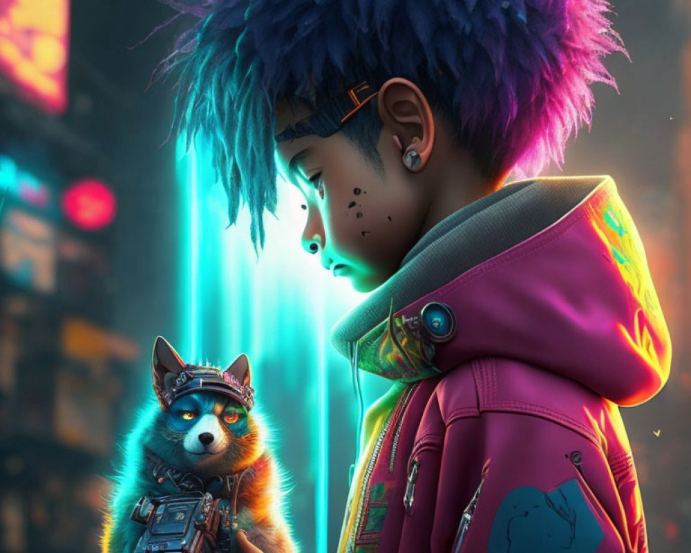 Futuristic boy with purple hair holding raccoon in urban neon backdrop