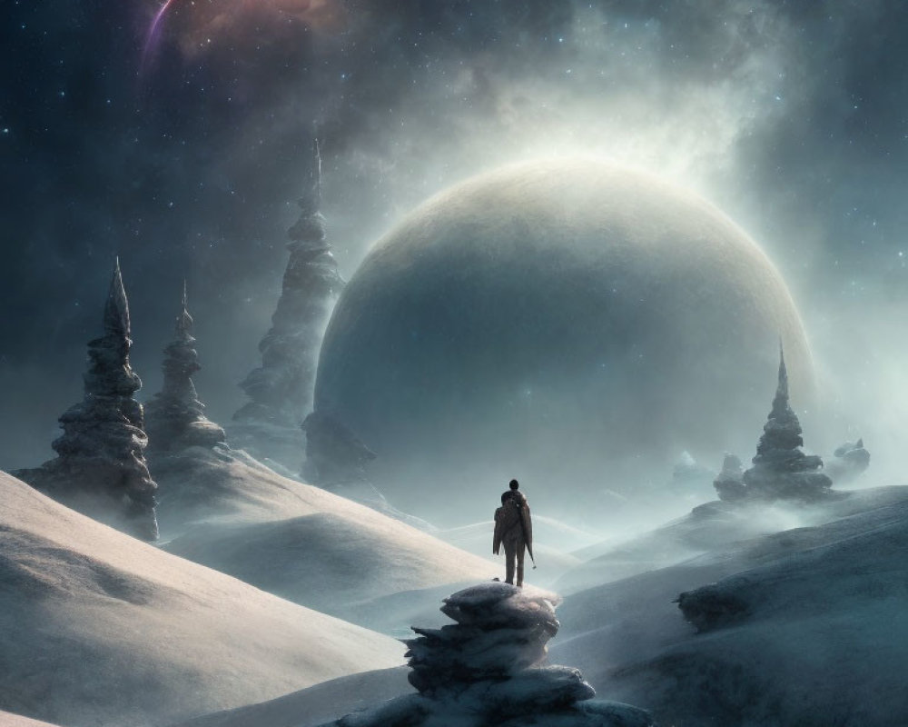 Solitary figure on snowy ridge with celestial body and shooting star