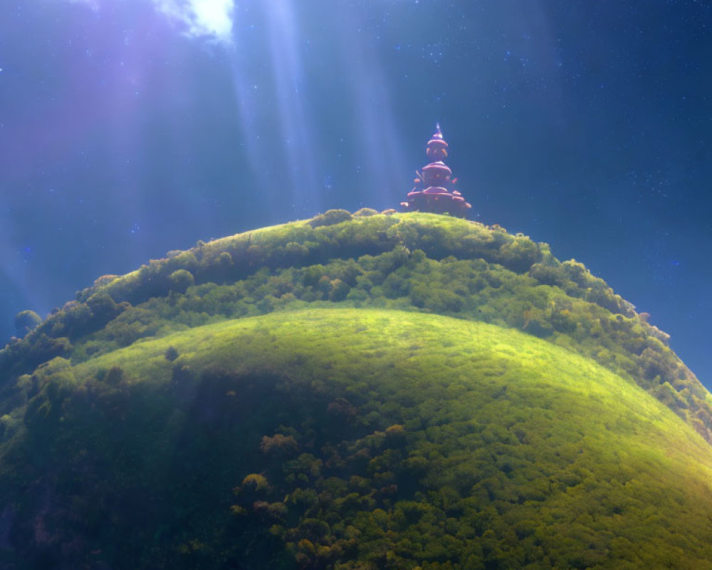 Majestic tiered tower on fantastical green hill under starry sky