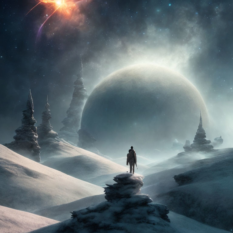 Solitary figure on snowy ridge with celestial body and shooting star