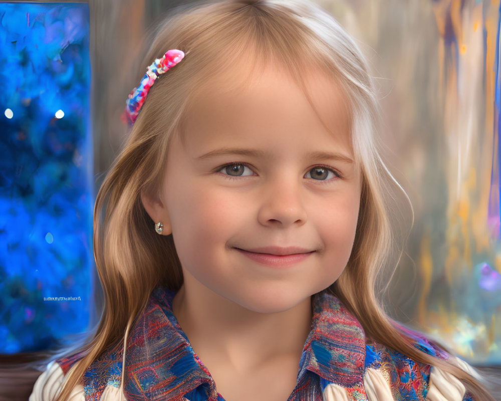 Smiling young girl in patterned outfit with colorful hair clip on blue artistic background