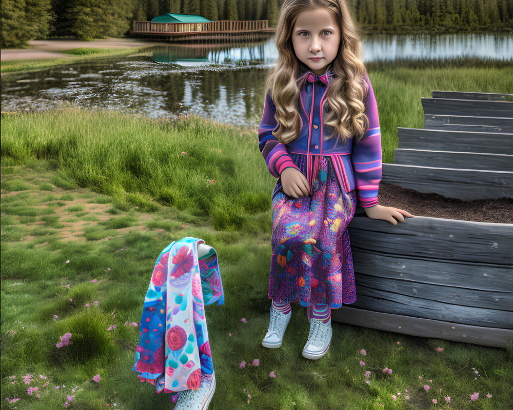 Young girl in colorful outfit by lake with wooden pier and floral jacket.