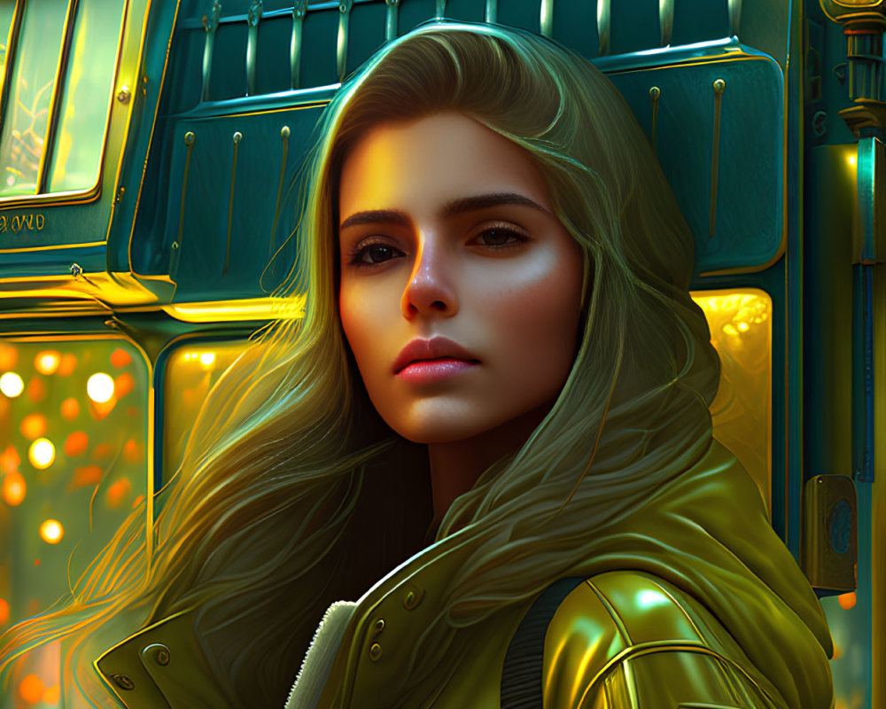 Digital portrait of woman in yellow jacket with flowing hair against teal bus backdrop.