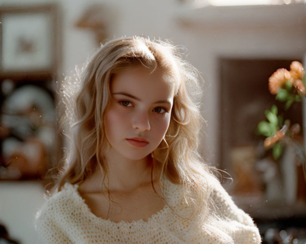 Blonde Woman in White Sweater Surrounded by Flowers