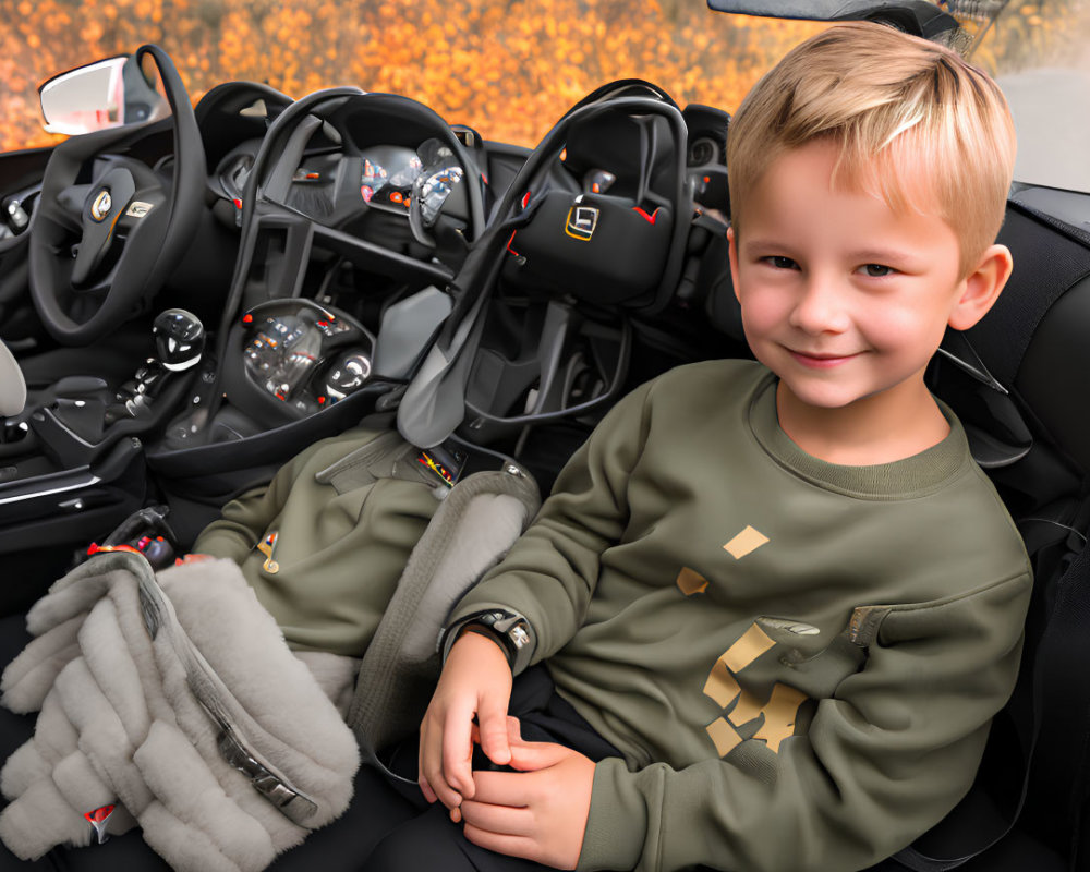 Blond-Haired Boy Smiling in Luxury Car with Autumn Leaves