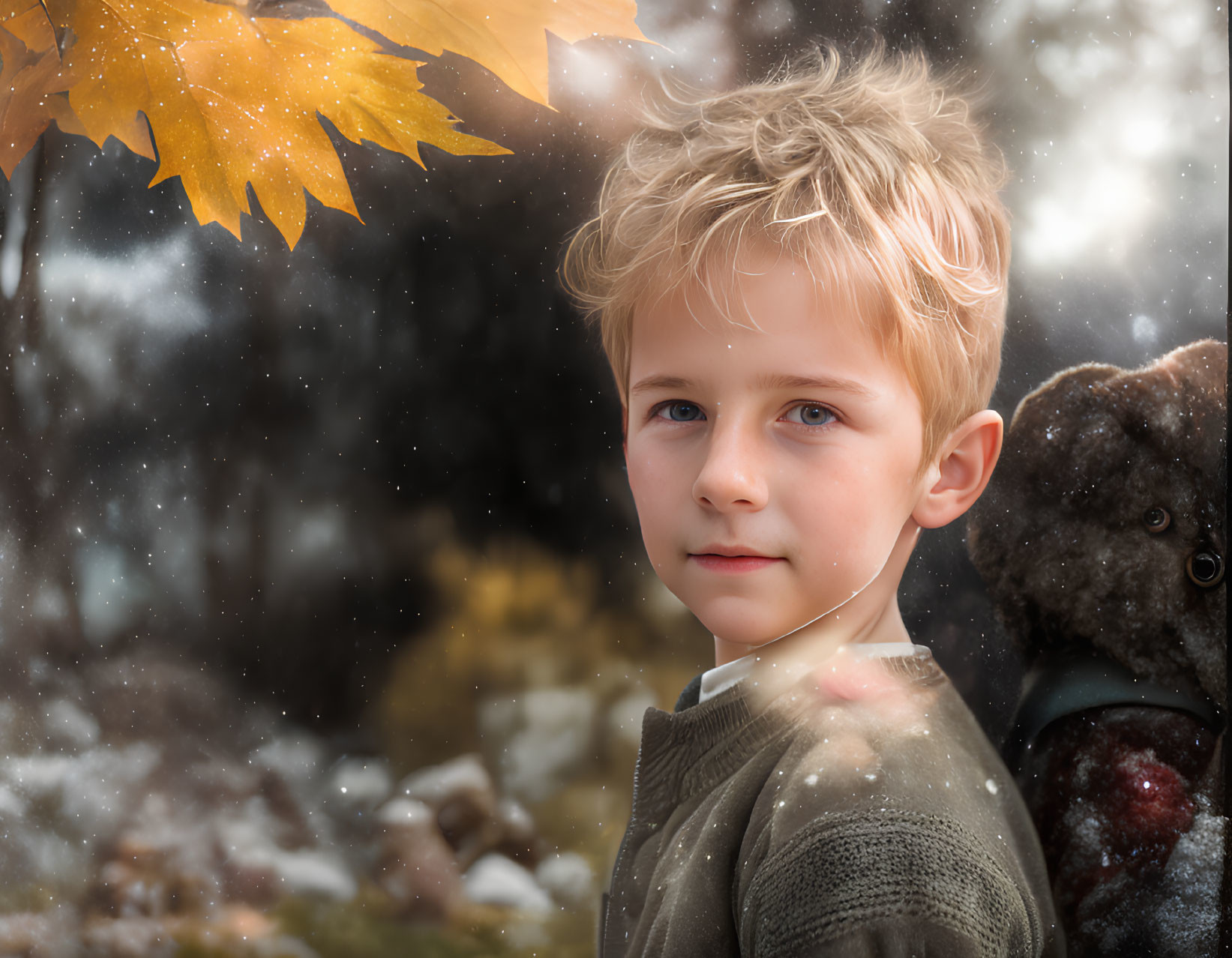 Blond-Haired Boy Outdoors with Snowflakes and Yellow Leaf