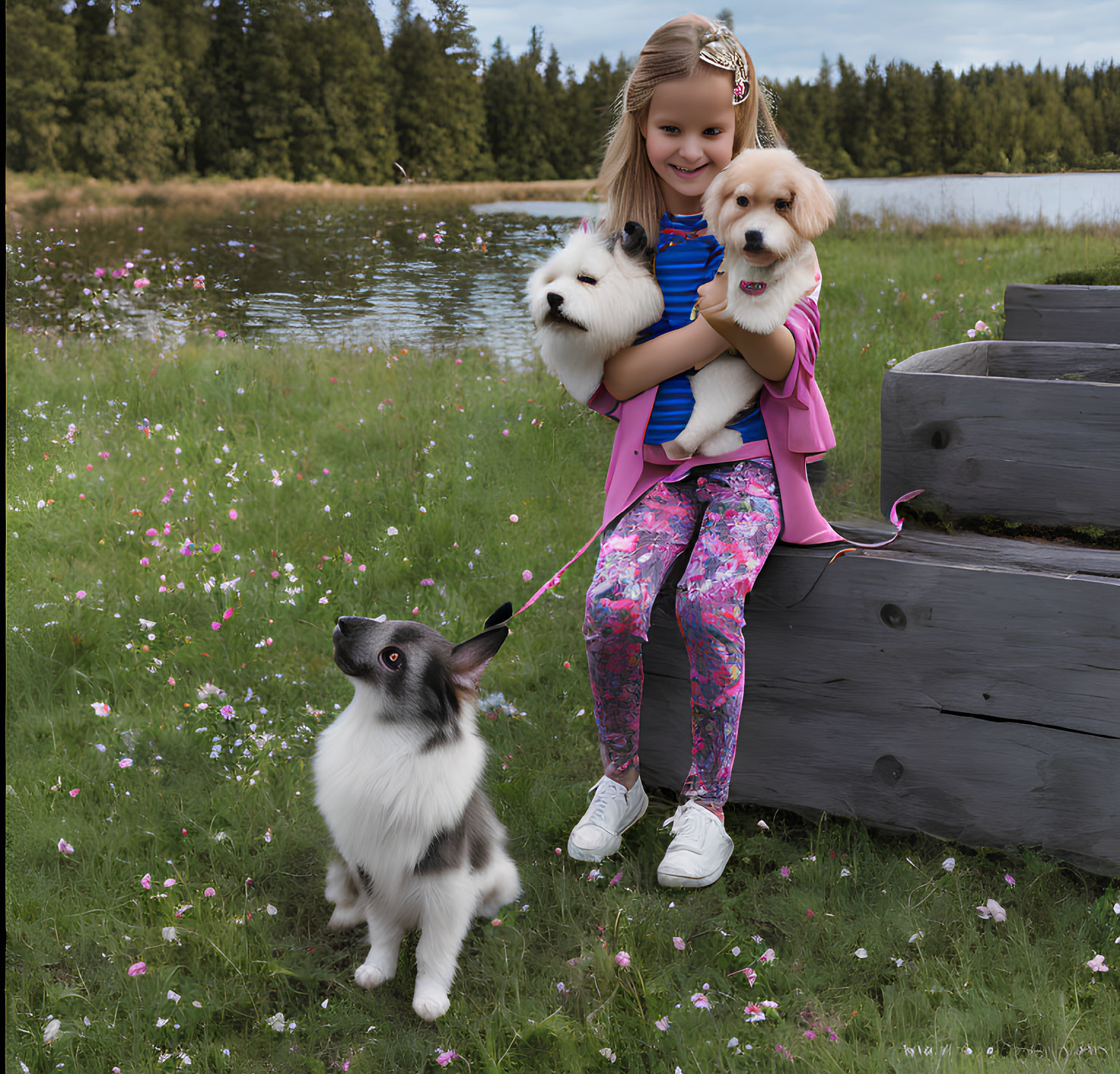 Young girl in pink jacket with white dogs by lake