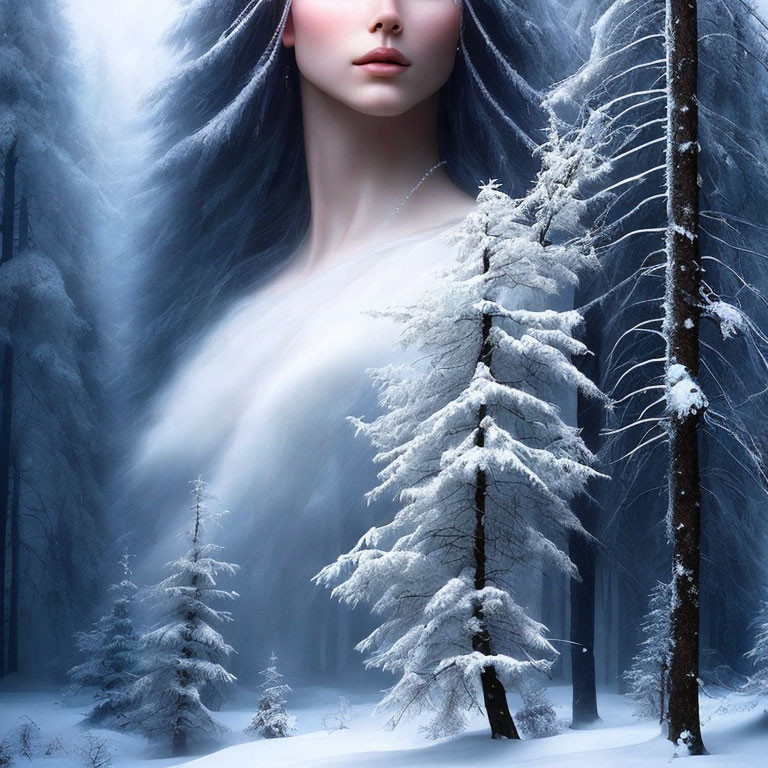 Surreal image: Woman's face merges with snowy forest, frosted trees, ethereal light