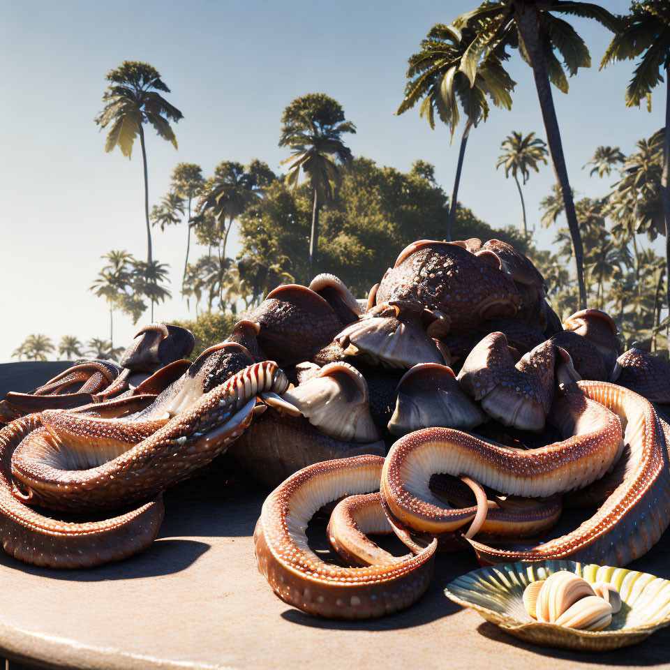 Octopus on Sunlit Beach with Palm Trees and Shells