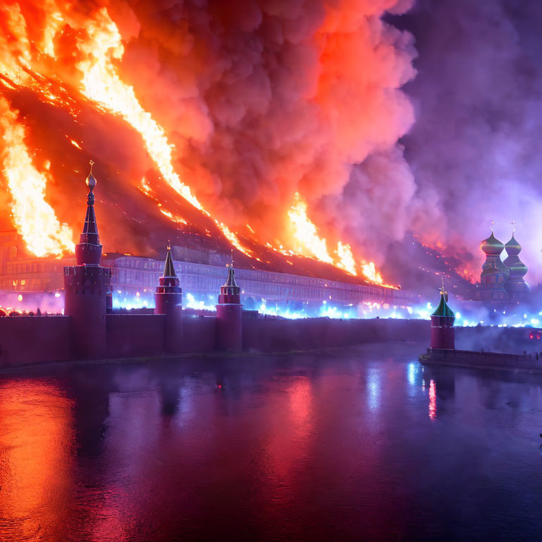 Dramatic night scene: Fire engulfs bridge with smoke, historic towers in backdrop