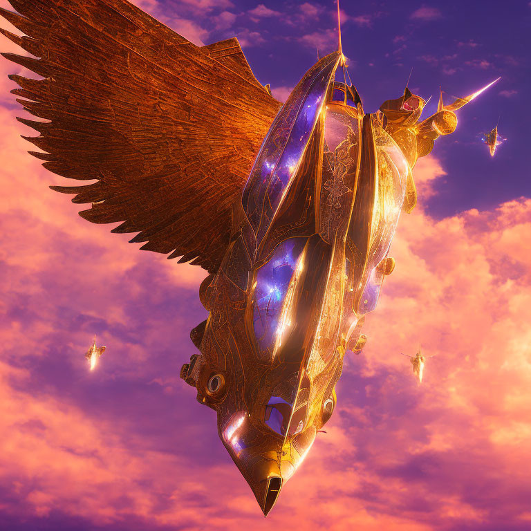 Bronze-hued airship with large wings flying in pink-purple sky