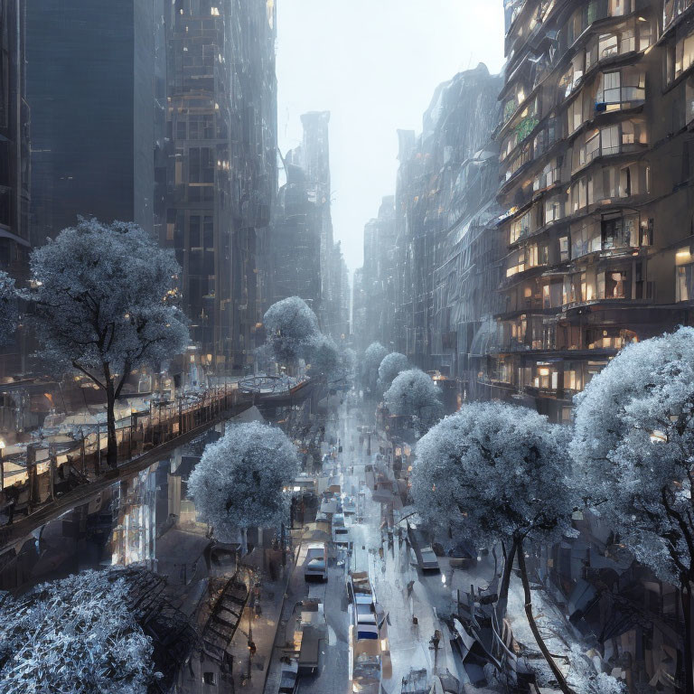 Snowy City Street with Frost-Covered Trees and Tall Buildings
