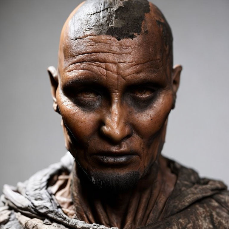 Realistic humanoid figure with bald head and dark eyes in textured attire