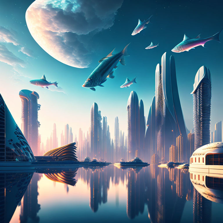 Futuristic cityscape with skyscrapers, flying fish, moon, and water bodies