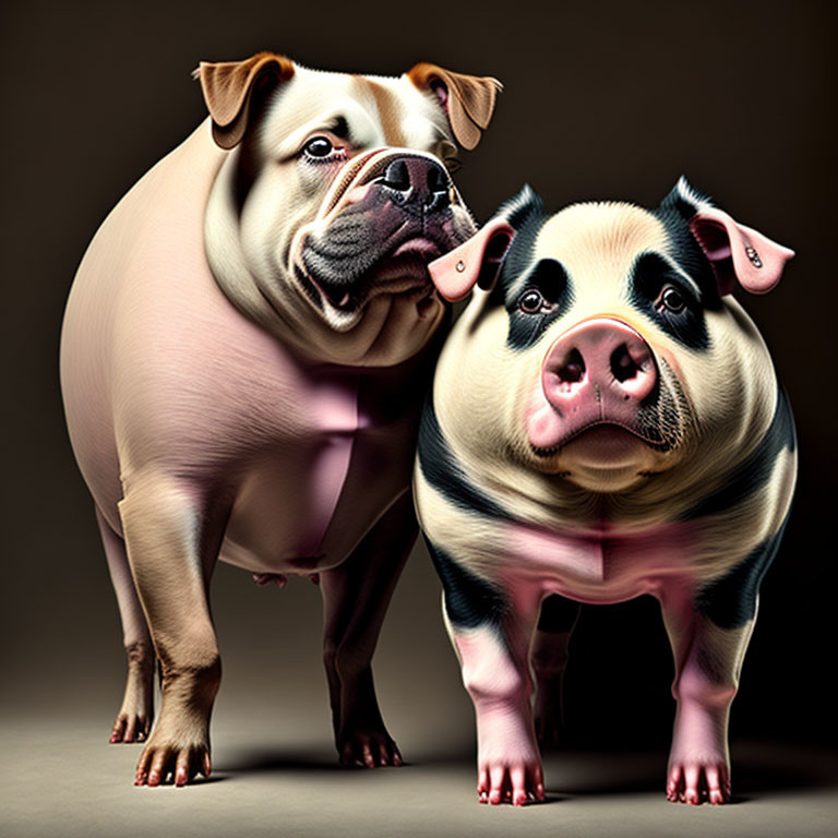 Whimsical bulldog-pig hybrid creatures on brown background