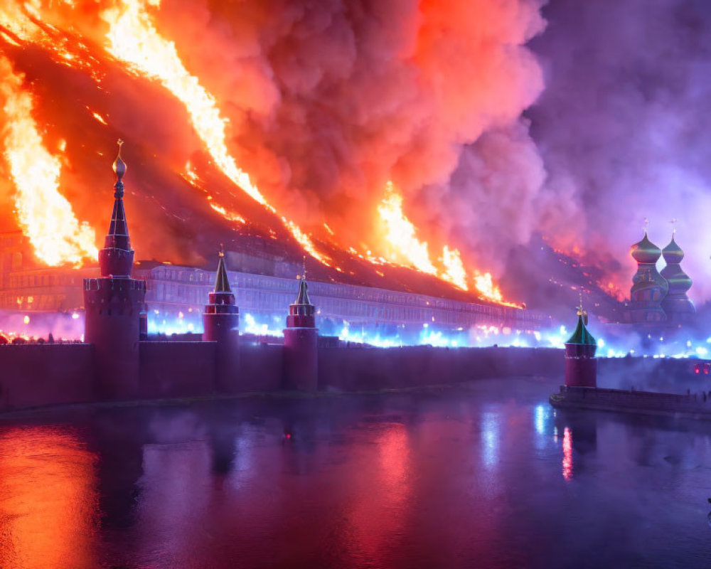 Dramatic night scene: Fire engulfs bridge with smoke, historic towers in backdrop